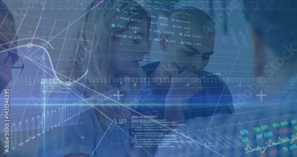 Fototapeta Image of financial data processing and stock market over diverse business people in office