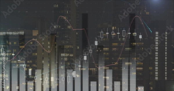 Fototapeta Image of data processing over cityscape