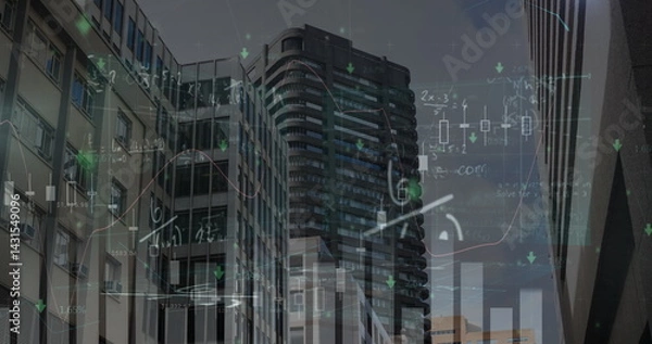 Fototapeta Image of moving mathematical formulas over cityscape