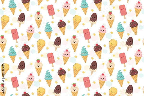 Obraz Funny design with ice cream and stars. Childrens seamless pattern for clothes, packaging, fabric, textile, cards. Vector illustration