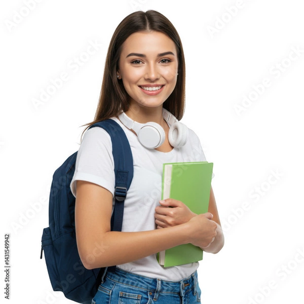 Fototapeta Smiling student holding book on transparent background