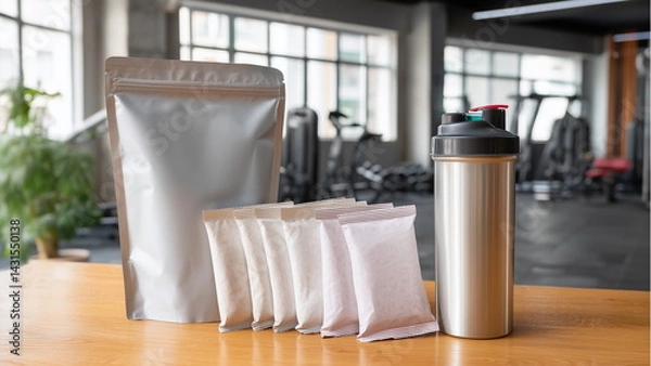 Obraz A packet of protein powder with small sachet packaging next to a protein shaker bottle, placed on the table of a gym. Workout supplement