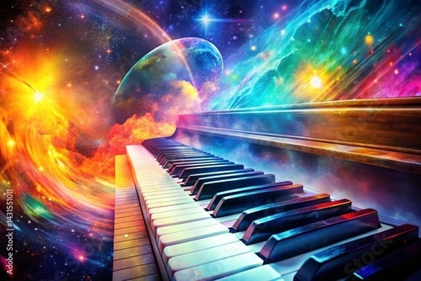 Fototapeta Double Exposure: Music Studio &  Abstract Soundscape - Instrumental Composition Setup