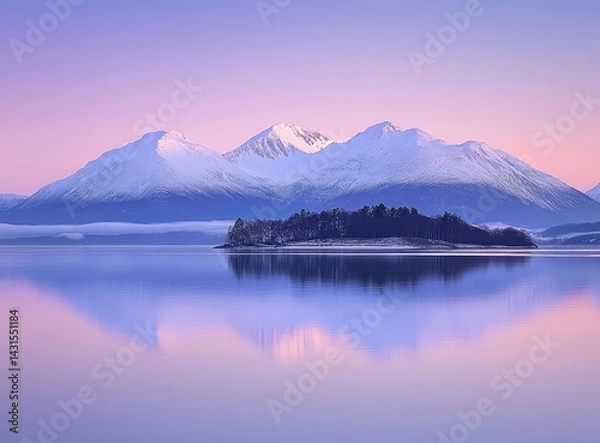 Fototapeta Serene sunrise over snow-capped mountains reflecting in calm lake waters, small island in foreground