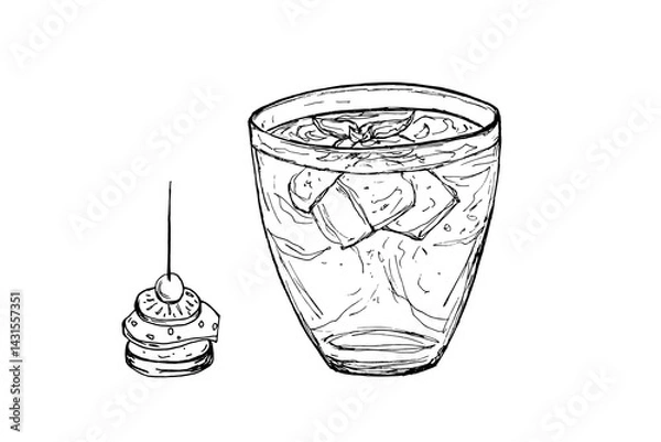 Obraz Summertime fruit ice tea, drink and snack. Appetizer for buffet, glass of cooling drink with delicious appetizing canape on stick. Isolated black and white illustration.