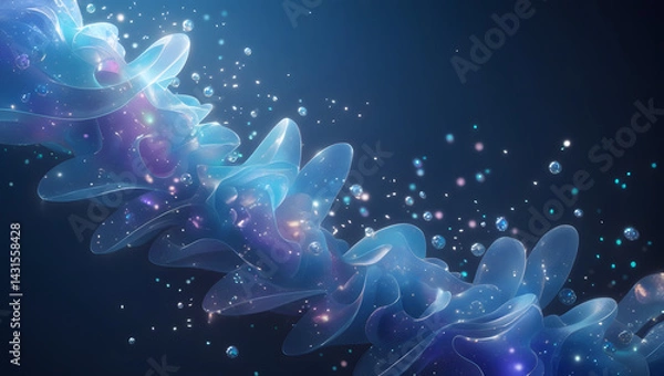 Fototapeta Floating particles on a dark blue background with soft glow and depth, tech-inspired desktop look wallpaper