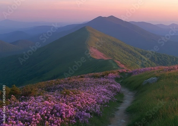 Obraz A winding path leads through a field of pink flowers blooming on a mountainside at sunset