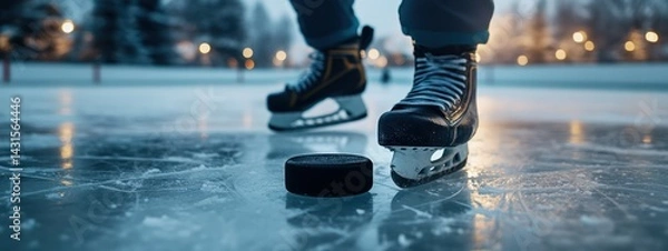 Fototapeta A close-up of ice skates near a puck on an outdoor rink, capturing a winter sports moment.