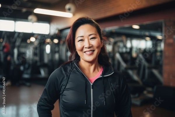 Fototapeta Smiling portrait of a middle aged slightly overweight woman in a gym in sports clothes