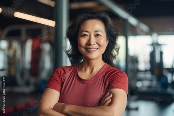 Fototapeta Smiling portrait of a middle aged slightly overweight woman in a gym in sports clothes