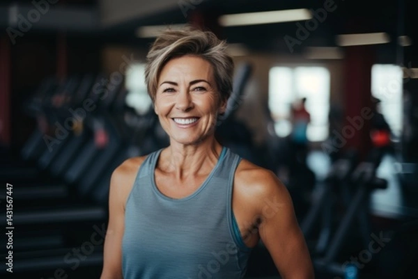 Fototapeta Smiling portrait of a middle aged slightly overweight woman in a gym in sports clothes
