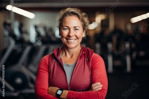 Fototapeta Smiling portrait of a middle aged slightly overweight woman in a gym in sports clothes