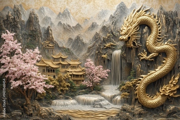 Fototapeta A concrete wall featuring golden mountains and cherry blossom stucco moldings