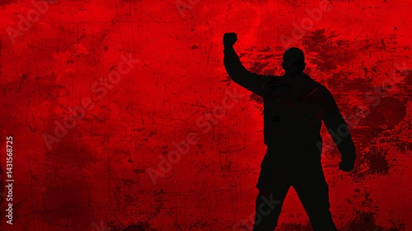 Fototapeta Silhouette of person with raised fist against intense scratched red background, symbolizing revolution, protest, rebellion or resistance with dramatic contrast emphasizing power and determination