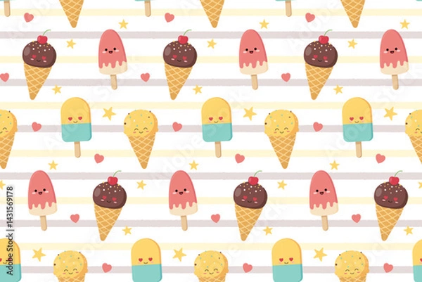 Fototapeta Funny summer seamless pattern background with ice cream, stars and hears. Vector illustration