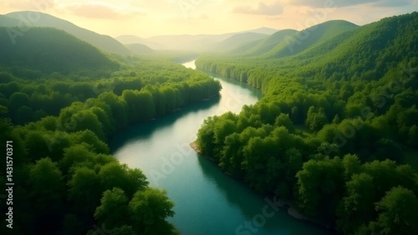 Fototapeta River Flowing Through Forest Hills at Sunset