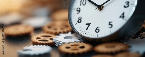 Obraz Clock resting on gears illustrating time management efficiency and business concepts
