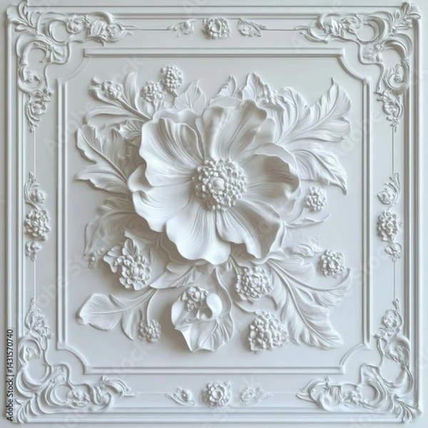 Fototapeta A stucco relief of peony blooms, complete with intricately detailed petals and leaves, creates a realistic 3D effect on the textured wall