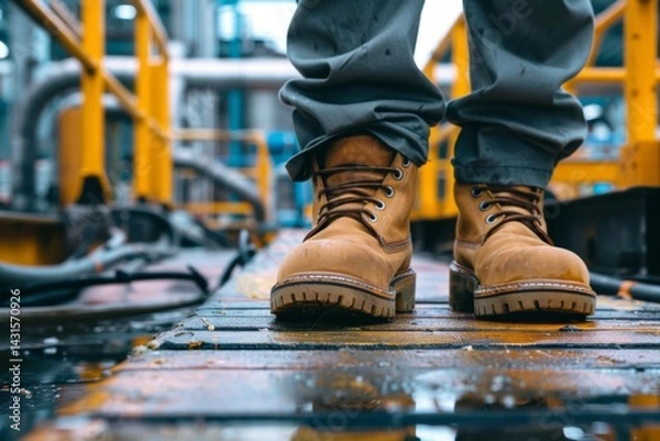 Fototapeta Worker with safety boots in an industrial environment