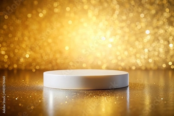 Obraz Elegant White Round Podium on Gold Background - Product Display Mockup