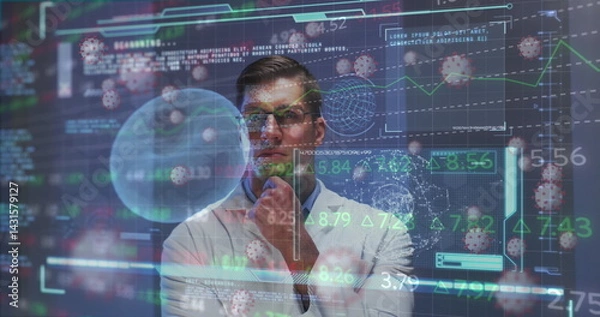Fototapeta Touching chin adult scientist studying holographic display in tech lab, with virus model overlays