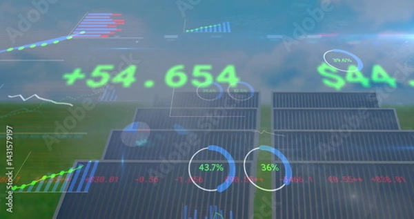 Fototapeta Image of financial data processing over solar panels