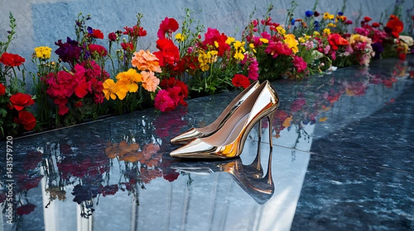 Obraz Pointed-toe pumps resting on a polished stone surface with contemporary building reflections and vibrant flower arrangements 