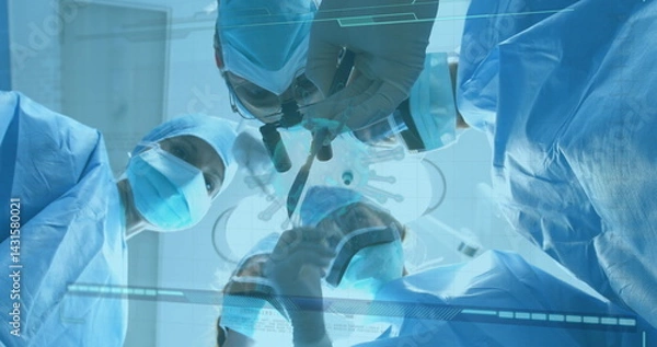 Fototapeta Performing surgical team operating on patient in operating room, with scalpel and camera overlays