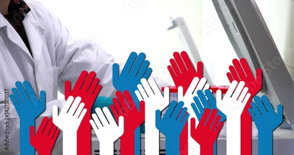 Fototapeta Image of red, blue and white hands over hands of male lab worker