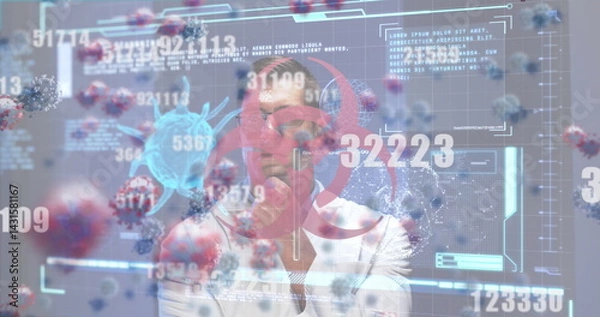 Fototapeta Interacting male scientist exploring floating 3D virus models in lab, with holographic interface
