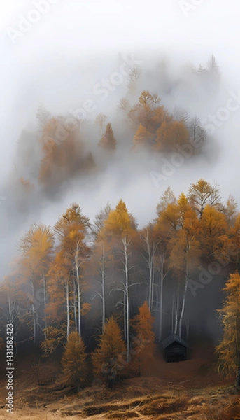 Fototapeta Serene Misty Lake Landscape at Sunrise with Fog, Trees, and Calm Water Reflection – Autumn Morning in Nature