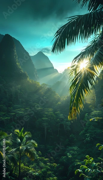 Fototapeta Majestic Mountain Landscape with Tropical Palm Trees Under Blue Sky – Scenic Nature View of Ocean, Forest, and Summer Beach Travel Destination