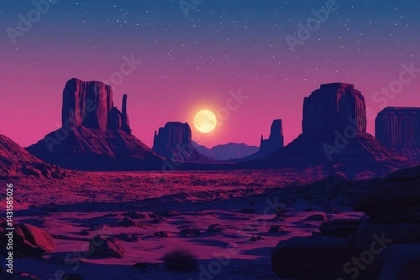 Fototapeta Monument Valley, Arizona at Dusk with Red Rock Buttes and Moonrise. Iconic Desert Landscape with Twilight Sky and Sandstone Formations in the American Southwest for Travel and Nature