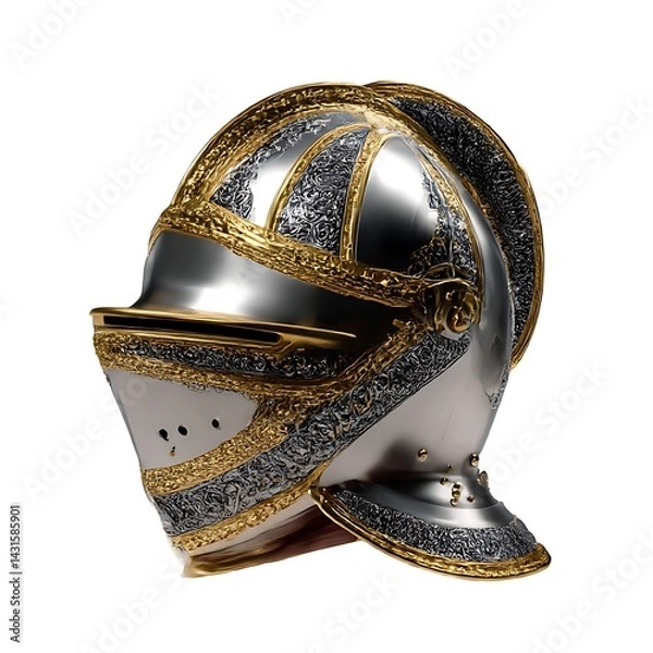 Fototapeta A medieval knight's helmet, featuring intricate metalwork and gold trim, isolated on a clean white background