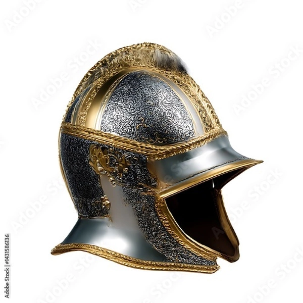 Fototapeta A medieval knight's helmet, featuring intricate metalwork and gold trim, isolated on a clean white background