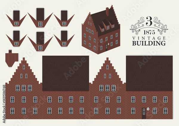 Fototapeta Old building model in classic European or Bavarian style with tiled roof. Hand drawn Vector paper cut out mockup sets. Vintage Christmas toy house. No AI used