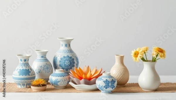 Obraz Decorative vases with flowers and fruit