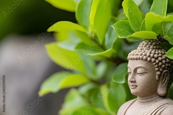 Fototapeta Close-up of a serene Buddha statue nestled amongst lush green foliage