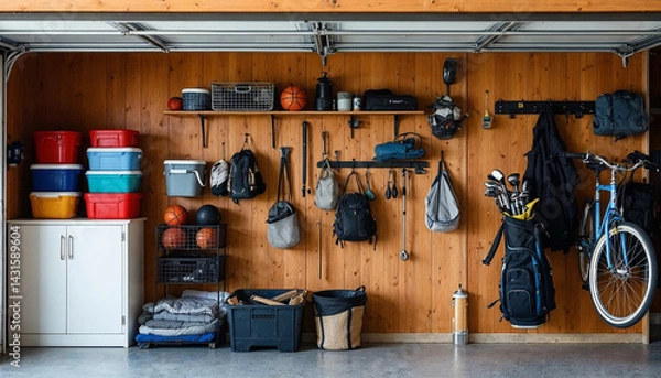 Fototapeta Organized garage with storage solutions and equipment in a residential space