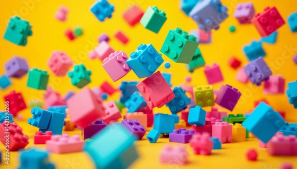 Fototapeta Colorful building blocks float in mid-air against a bright yellow background creating a playful atmosphere of creativity