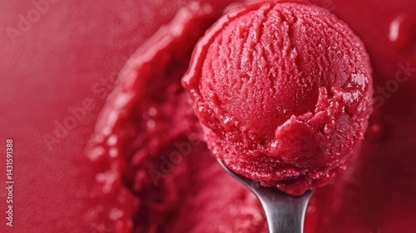 Obraz National cherry day with dessert celebration idea. Delicious red cherry sorbet on a spoon against a vibrant background.
