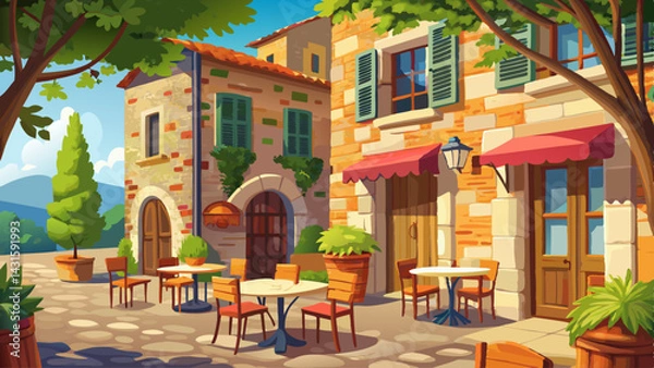 Fototapeta Very beautiful Cafe tables and chairs outside a stone building in Tuscany