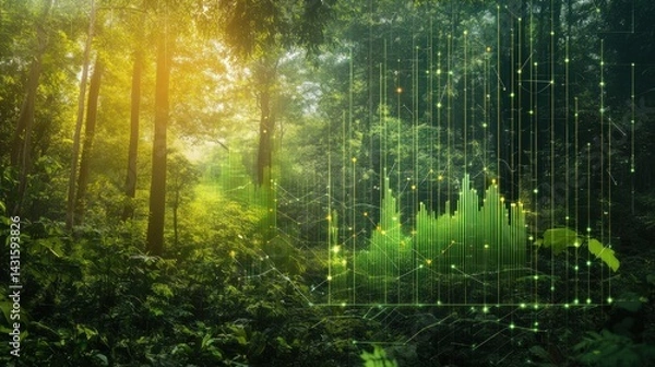 Fototapeta Lush green forest with superimposed green graph showing growth and sustainability.