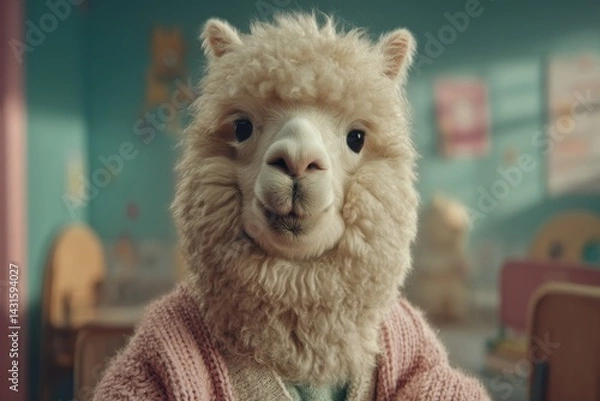 Obraz A charming alpaca portrait in a cozy pink sweater, showcasing its fluffy fur and gentle eyes against a blurred classroom background, creating a whimsical and heartwarming scene.