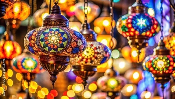 Fototapeta Festive Colorful Luminous Ceiling Lamps Bokeh Lighting Interior Design