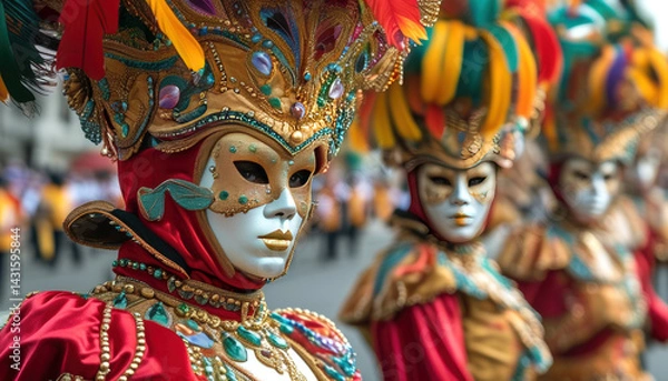 Fototapeta Vibrant red parade float with elaborate costumes at a street festival with copy space