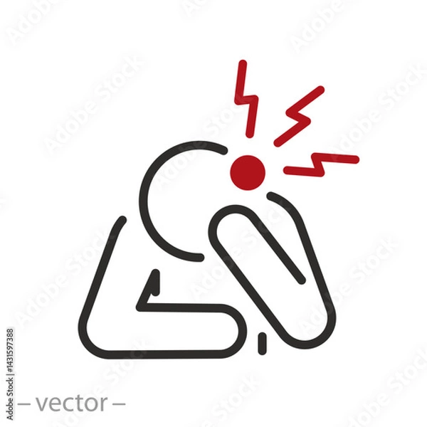 Fototapeta headache icon, head hurts, person supports head with hand, pain, thin line symbol on white background - editable stroke vector illustration