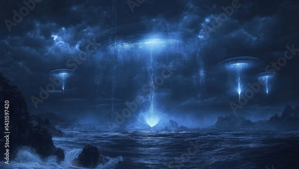 Fototapeta Alien ships beam energy; coastal night scene; science fiction artwork