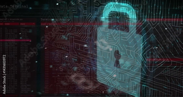 Obraz Multiple changing numbers and letters against security padlock icon and microprocessor connections
