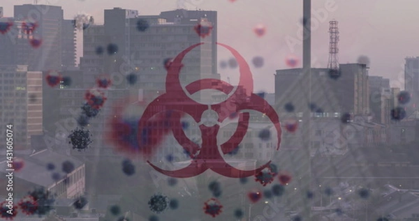 Fototapeta Displaying red biohazard symbol hovering over hazy urban skyline, with floating virus particles